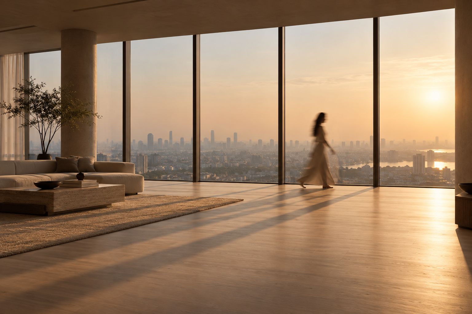 A woman walking past tall windows at golden hour, the city beyond