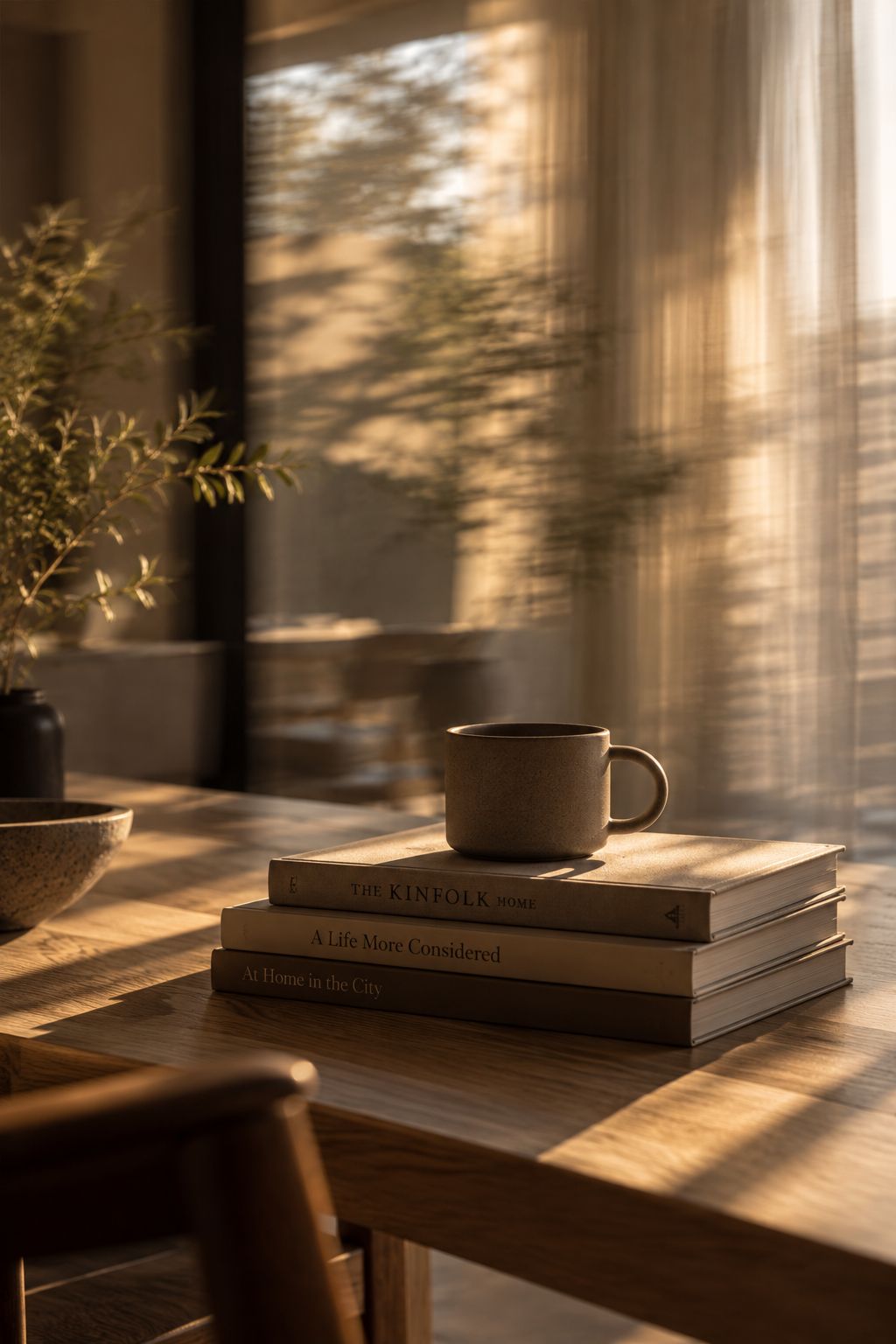A cup on a stack of books in warm afternoon light