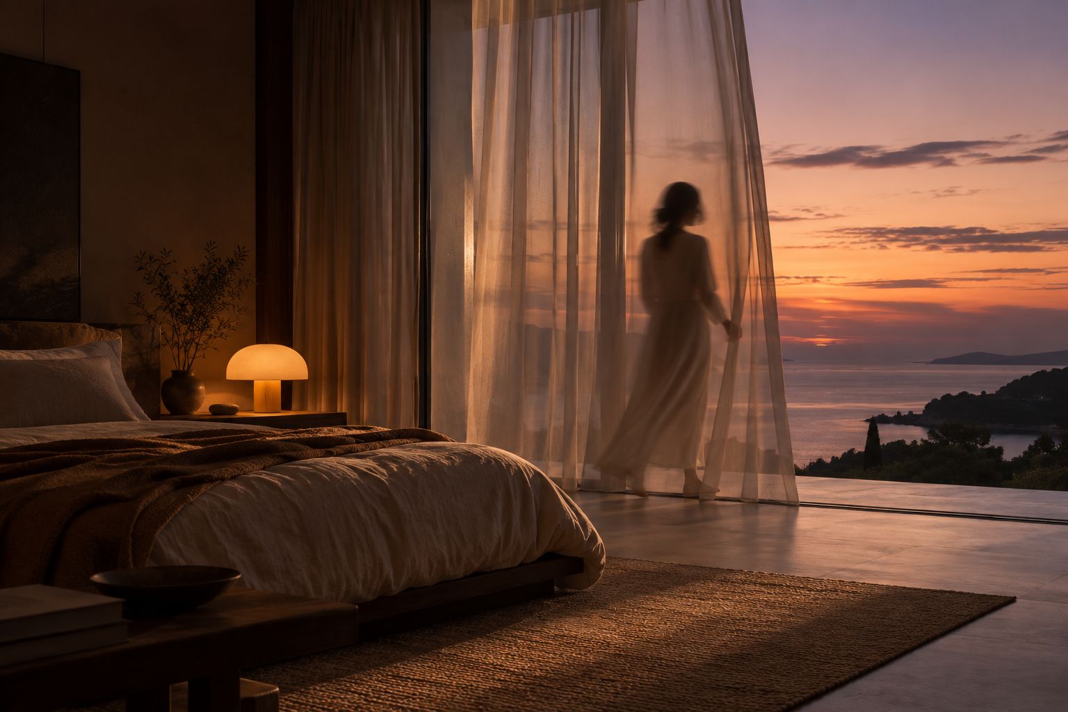 A woman behind a sheer curtain at sunset, a lamp glowing by the bed
