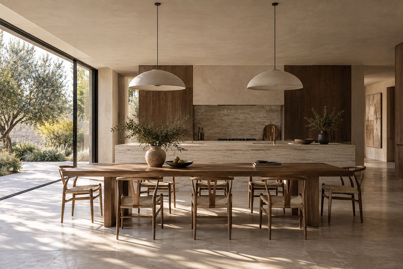 A kitchen and dining room in soft daylight