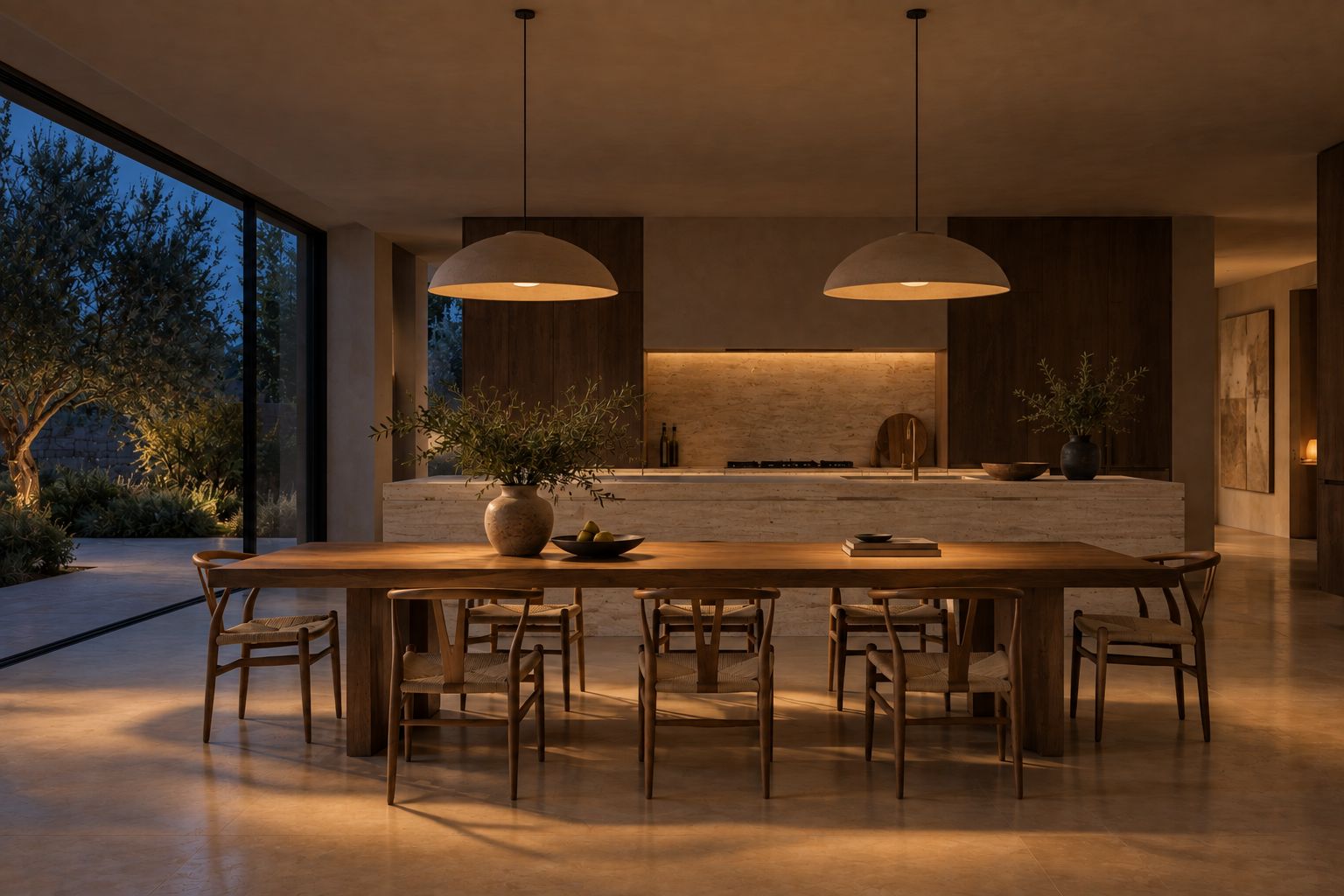 The same kitchen and dining room in the evening, pendants and lamps on