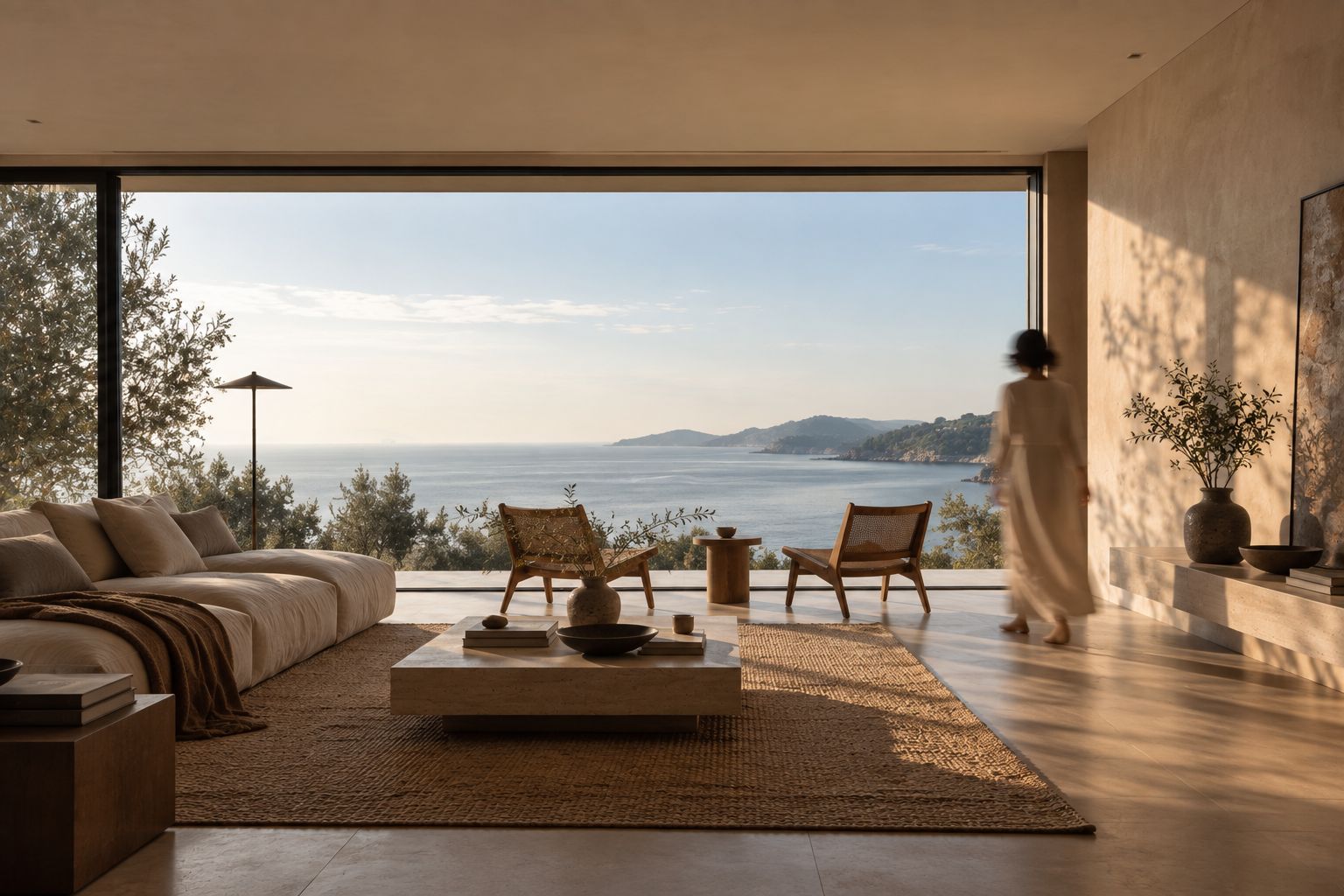 The rendered room: linen sofa, woven rug, sea through the glass, someone walking past