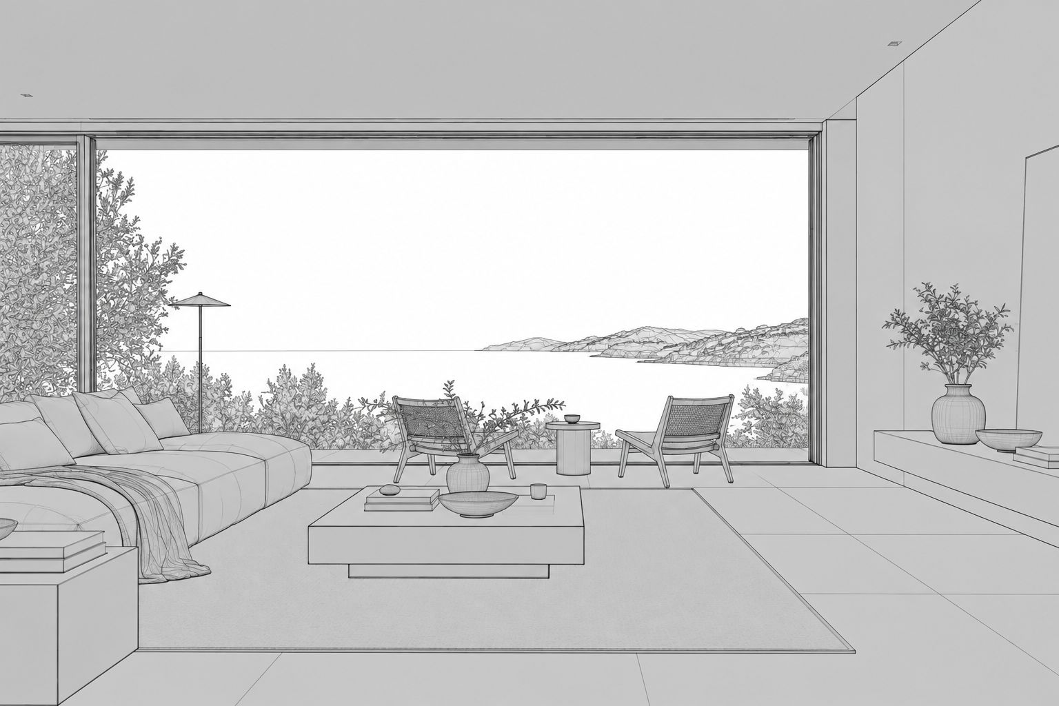 The same room as a SketchUp line drawing, before rendering